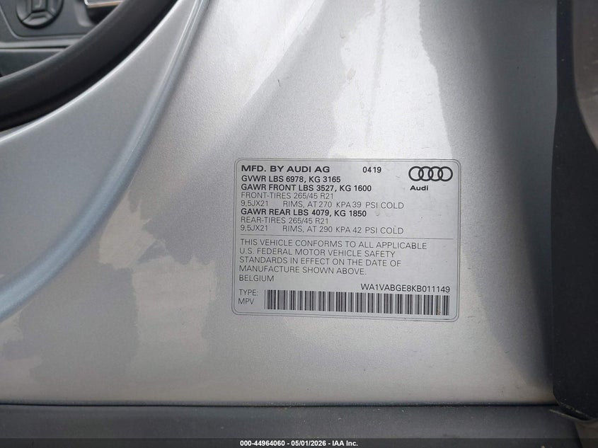 2019 Audi E-tron VIN WA1VABGE8KB011149 IAAI salvage auction — FRONT END, Wait Title, sold $15,200 on 2026-07-22 (photo 9)