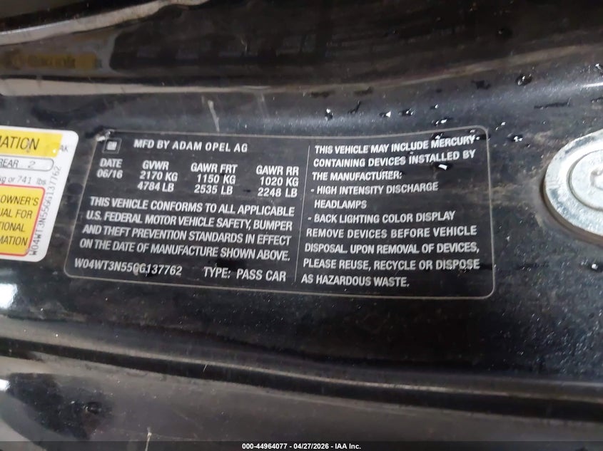 2016 Buick Cascada VIN W04WT3N55GG137762 IAAI salvage auction — WATER/FLOOD, Clear (Michigan), sold $1,025 on 2026-07-06 (photo 9)
