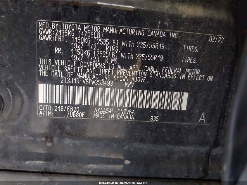 2023 Toyota Rav 4 VIN 2T3J1RFV5PW353493 IAAI salvage auction — FRONT END, Salvage (Colorado), sold $7,700 on 2026-08-22 (photo 9)