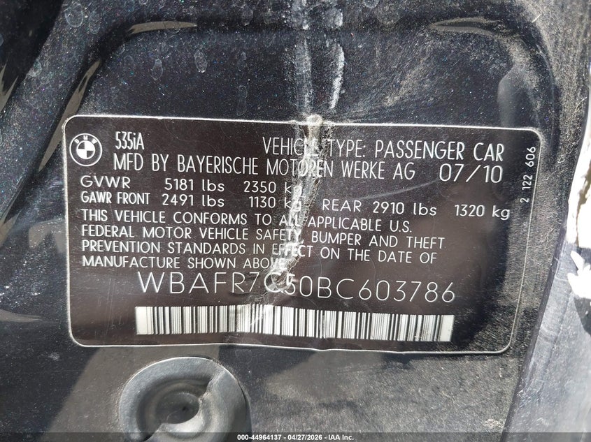 2011 BMW 5er VIN WBAFR7C50BC603786 IAAI salvage auction — LEFT SIDE, Junk (California), sold $475 on 2026-08-04 (photo 9)