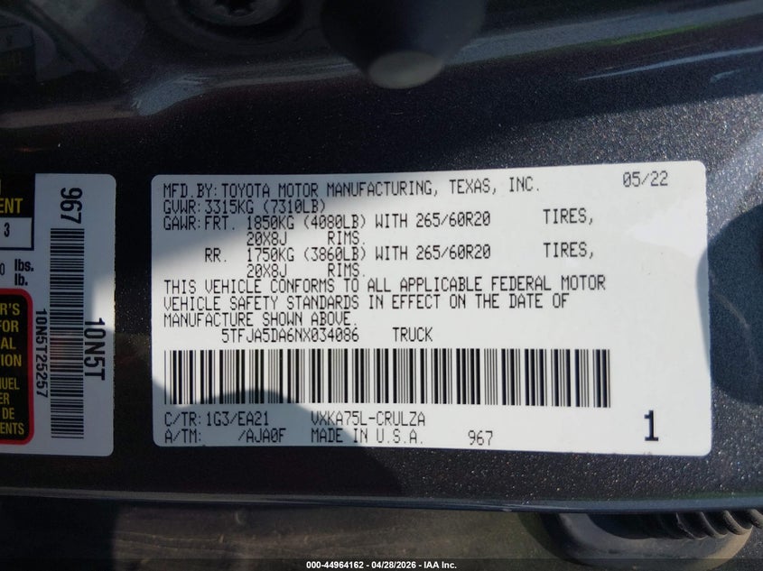 2022 Toyota Tundra VIN 5TFJA5DA6NX034086 IAAI salvage auction — FRONT END, Original (Texas), sold $20,000 on 2026-07-07 (photo 9)