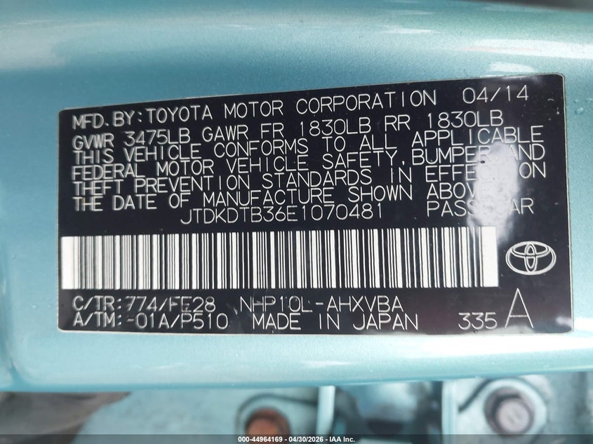 2014 Toyota Prius c VIN JTDKDTB36E1070481 IAAI salvage auction — LEFT FRONT, Clear (Massachusetts), sold $750 on 2026-07-24 (photo 9)