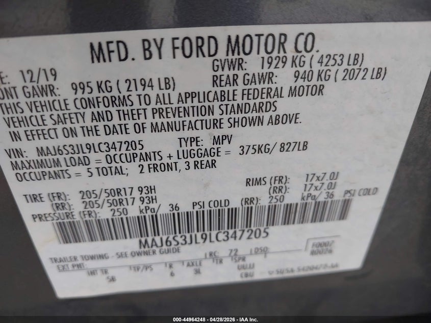 2020 Ford Ecosport VIN MAJ6S3JL9LC347205 IAAI salvage auction — FRONT END, Salvage (Texas), sold $450 on 2026-07-14 (photo 9)