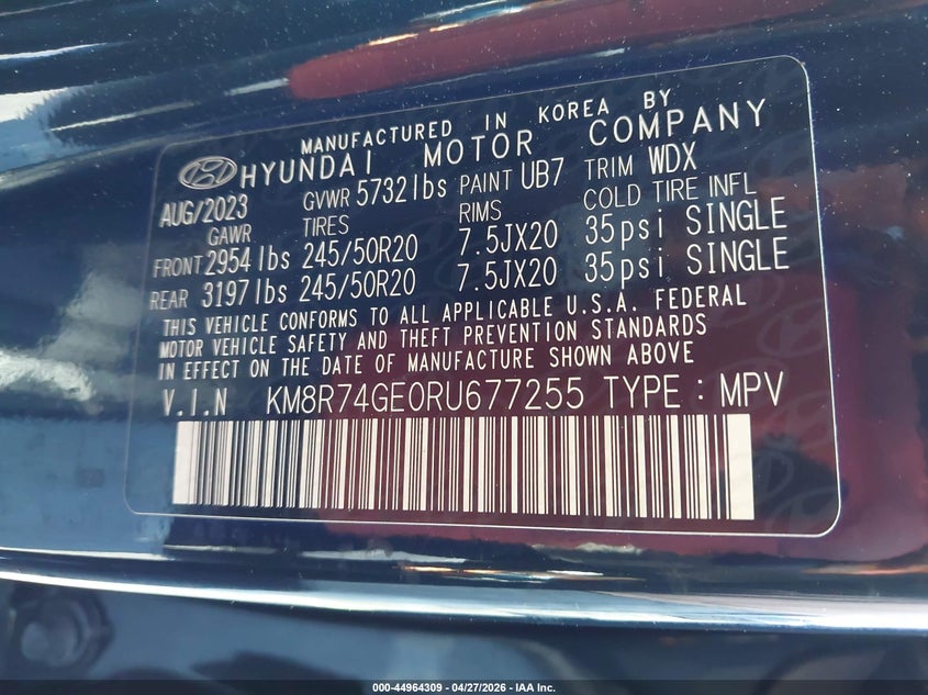 2024 Hyundai Palisade VIN KM8R74GE0RU677255 IAAI salvage auction — FRONT END, Rebuildable (Florida), sold $16,250 on 2026-07-16 (photo 9)