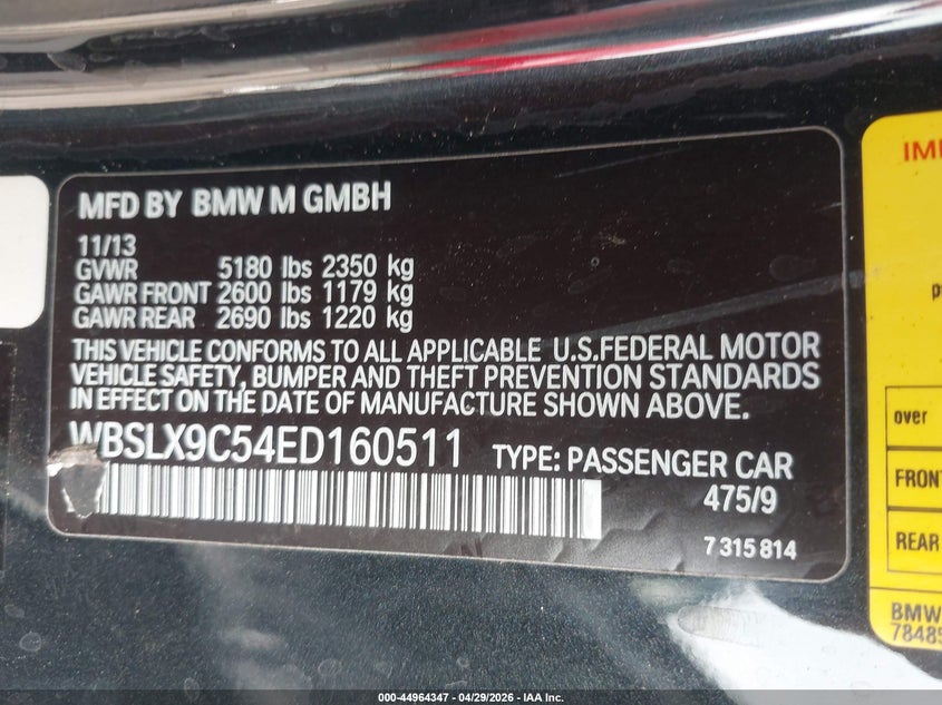 2014 BMW M6 VIN WBSLX9C54ED160511 IAAI salvage auction — RIGHT FRONT, Salvage Title, sold $3,200 on 2026-07-28 (photo 9)