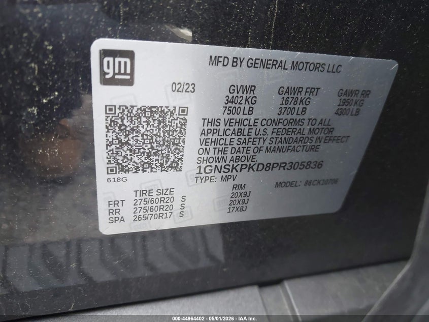 2023 Chevrolet Tahoe VIN 1GNSKPKD8PR305836 IAAI salvage auction — UNKNOWN, Salvage (Alabama), sold $25,250 on 2026-07-30 (photo 9)