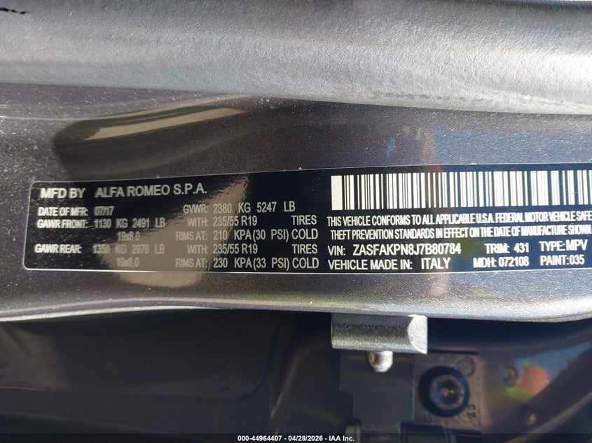 2018 Alfa romeo Stelvio VIN ZASFAKPN8J7B80784 IAAI salvage auction — FRONT END, Salvage (Rhode Island), sold $4,450 on 2026-07-07 (photo 9)