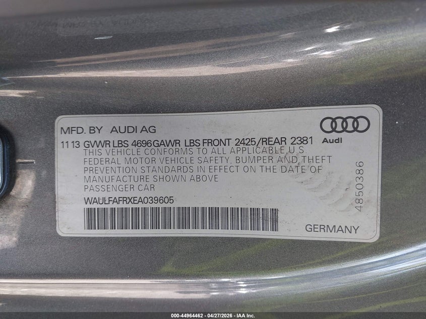 2014 Audi A5 VIN WAULFAFRXEA039605 IAAI salvage auction — FRONT END, Clear (Virginia), sold $850 on 2026-08-01 (photo 9)