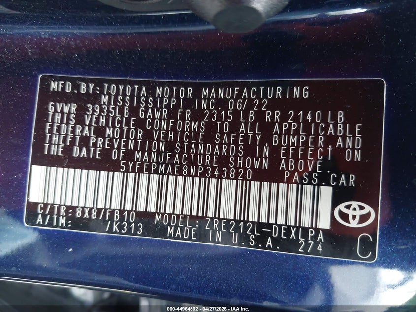 2022 Toyota Corolla VIN 5YFEPMAE8NP343820 IAAI salvage auction — RIGHT SIDE, Salvage Title, sold $3,550 on 2026-07-16 (photo 9)