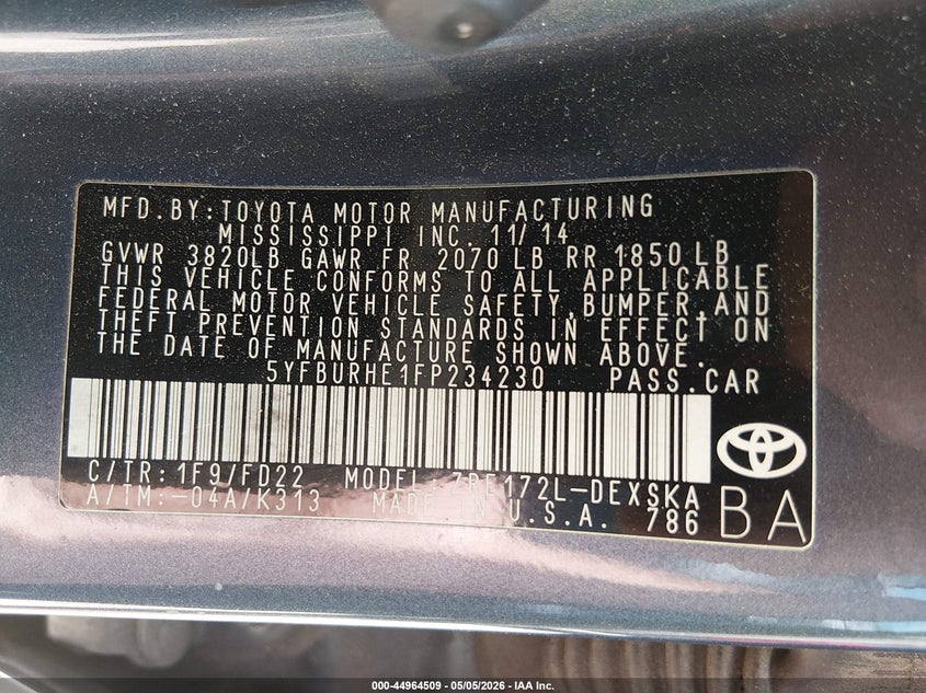 2015 Toyota Corolla VIN 5YFBURHE1FP234230 IAAI salvage auction — FRONT END, Salvage Title, sold $1,800 on 2026-08-02 (photo 9)