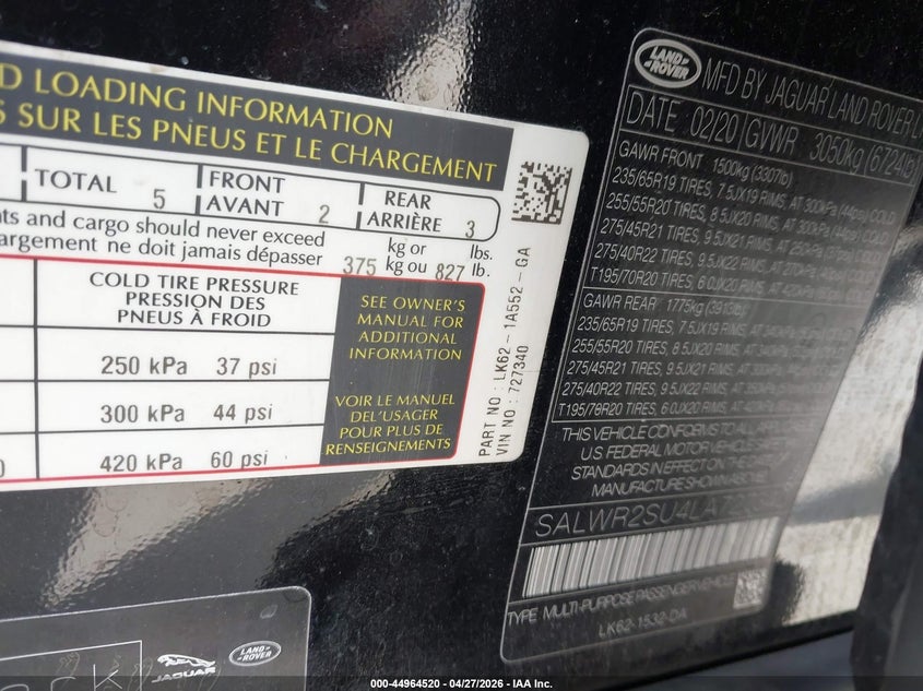 2020 Land rover Range rover sport VIN SALWR2SU4LA727340 IAAI salvage auction — FRONT END, Original (Texas), sold $15,200 on 2026-07-15 (photo 9)