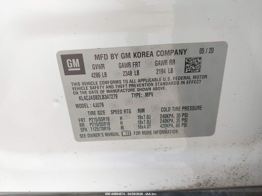 2020 Buick Encore VIN KL4CJASB2LB347279 IAAI salvage auction — LEFT REAR, Salvage Title, sold $2,850 on 2026-07-06 (photo 9)