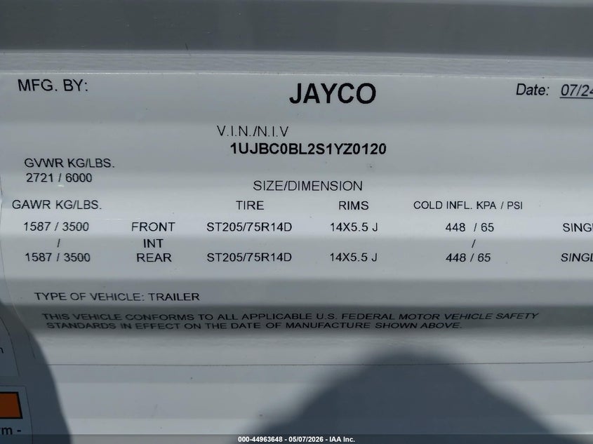 2025 Jayco Other VIN 1UJBC0BL2S1YZ0120 IAAI salvage auction — HAIL, Regular Certificate (Iowa), sold $7,500 on 2026-08-12 (photo 9)