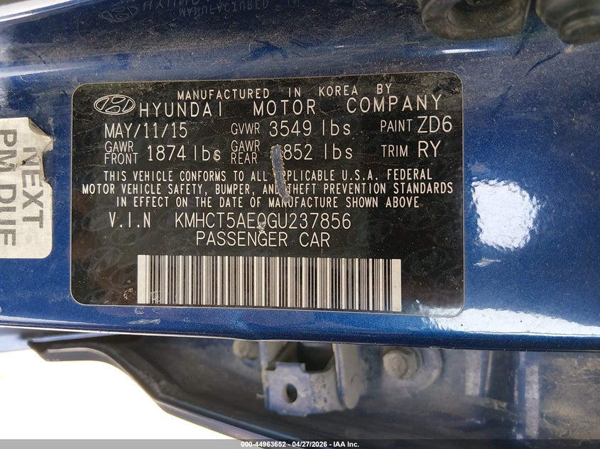 2016 Hyundai Accent VIN KMHCT5AE0GU237856 IAAI salvage auction — FRONT & REAR, Salvage (Kansas), sold $600 on 2026-07-15 (photo 9)