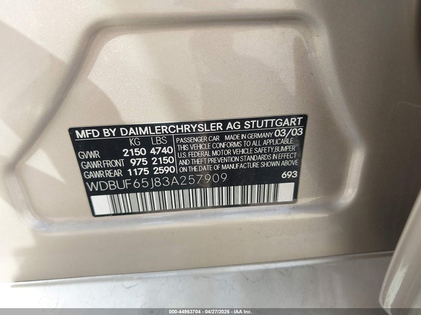 2003 Mercedes-benz E-class VIN WDBUF65J83A257909 IAAI salvage auction — FRONT & REAR, Salvage (California), sold $800 on 2026-07-21 (photo 9)