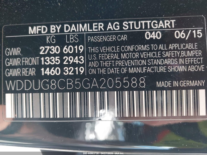 2016 Mercedes-benz S-klasse VIN WDDUG8CB5GA205588 IAAI salvage auction — ROOF, Salvage (California), sold $6,050 on 2026-07-29 (photo 9)