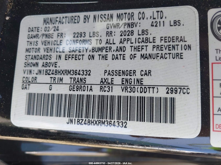 2024 Nissan Z VIN JN1BZ4BHXRM364332 IAAI salvage auction — FRONT END, Salvage Title, sold $8,400 on 2026-07-14 (photo 9)