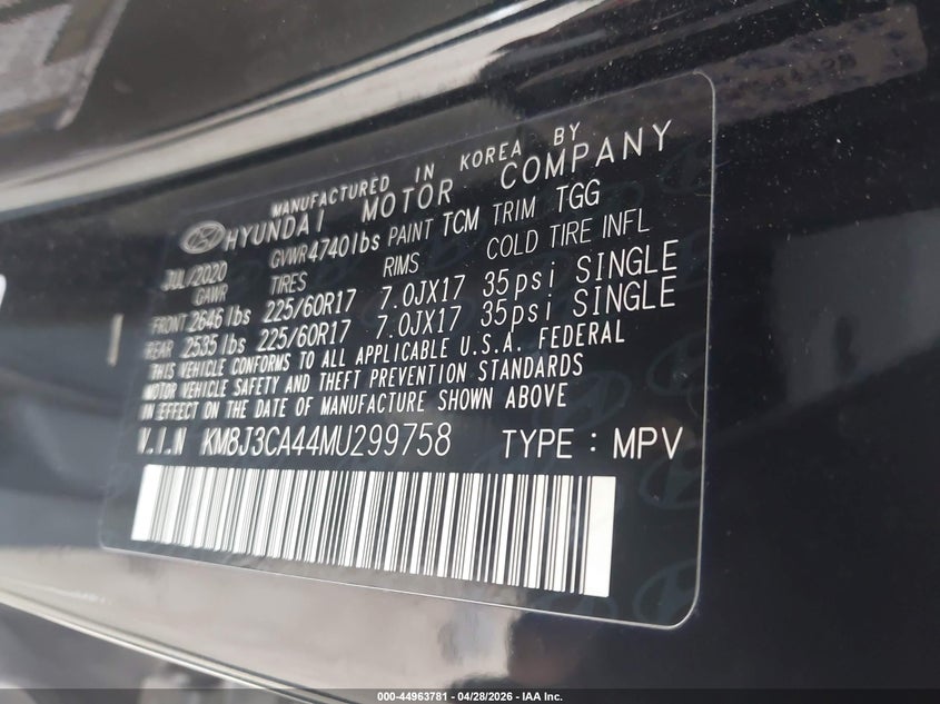 2021 Hyundai Tucson VIN KM8J3CA44MU299758 IAAI salvage auction — FRONT END, Original (Texas), sold $4,450 on 2026-07-16 (photo 9)