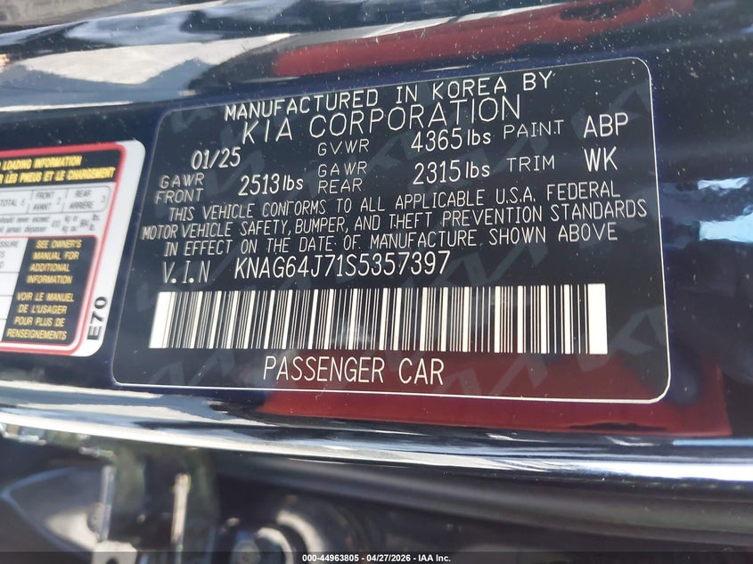 2025 Kia K5 VIN KNAG64J71S5357397 IAAI salvage auction — FRONT END, Salvage Title, sold $3,150 on 2026-07-30 (photo 9)