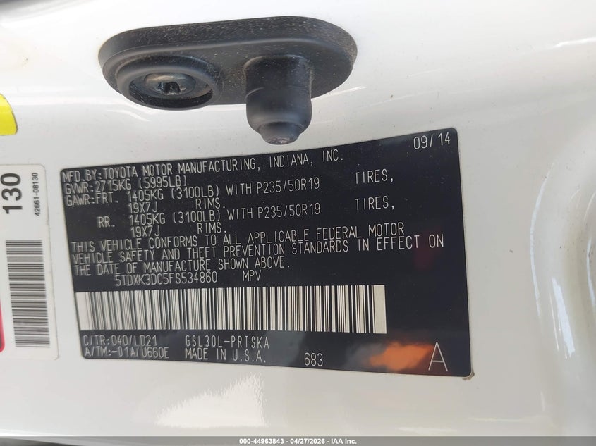 2015 Toyota Sienna VIN 5TDXK3DC5FS534860 IAAI salvage auction — FRONT & REAR, Salvage Title, sold $6,050 on 2026-07-14 (photo 9)