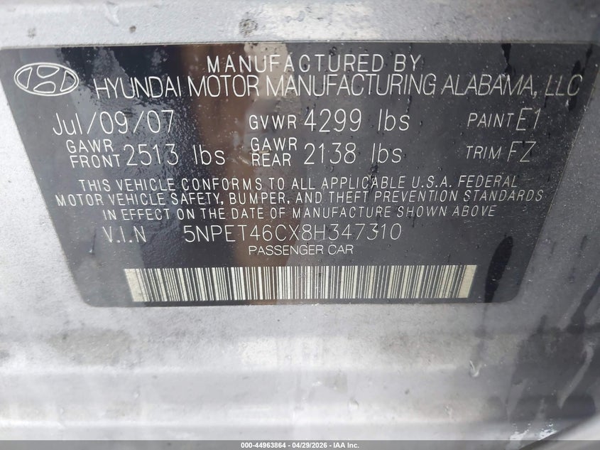 2008 Hyundai Sonata VIN 5NPET46CX8H347310 IAAI salvage auction — SIDE, Clear (Florida), sold $25 on 2026-07-08 (photo 9)