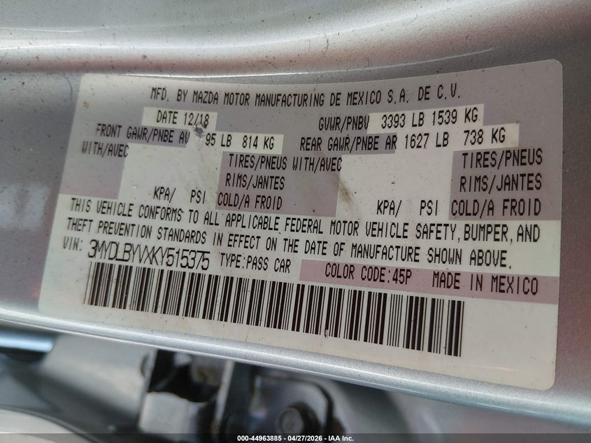 2019 Toyota Yaris VIN 3MYDLBYVXKY515375 IAAI salvage auction — SIDE, Wait Title, sold $750 on 2026-07-10 (photo 9)