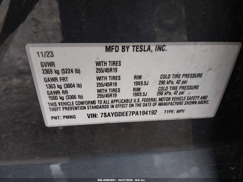 2023 Tesla Model y VIN 7SAYGDEE7PA194192 IAAI salvage auction — FRONT END, Salvage (Indiana), sold $8,200 on 2026-07-09 (photo 9)