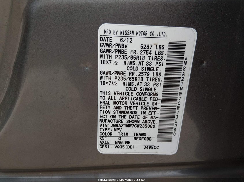 2012 Nissan Murano VIN JN8AZ1MW7CW235080 IAAI salvage auction — RIGHT SIDE, Wait Title, sold $425 on 2026-07-09 (photo 9)