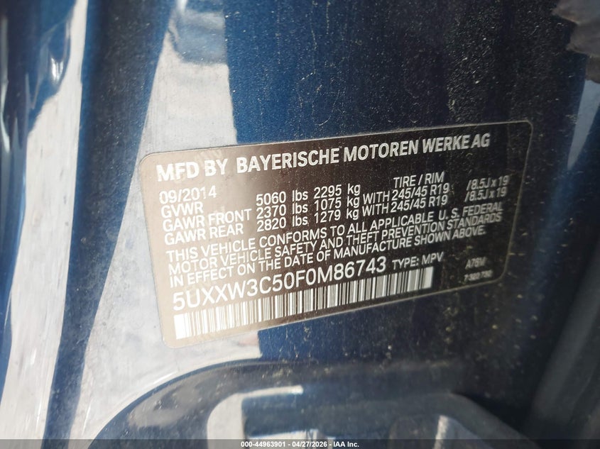 2015 BMW X4 VIN 5UXXW3C50F0M86743 IAAI salvage auction — FRONT END, Salvage Title, sold $950 on 2026-07-29 (photo 9)