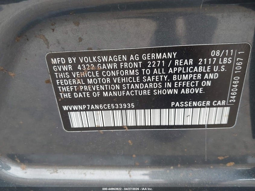 2012 Volkswagen Passat cc VIN WVWNP7AN6CE533935 IAAI salvage auction — FRONT END, Rebuildable (Florida), sold $25 on 2026-07-28 (photo 9)