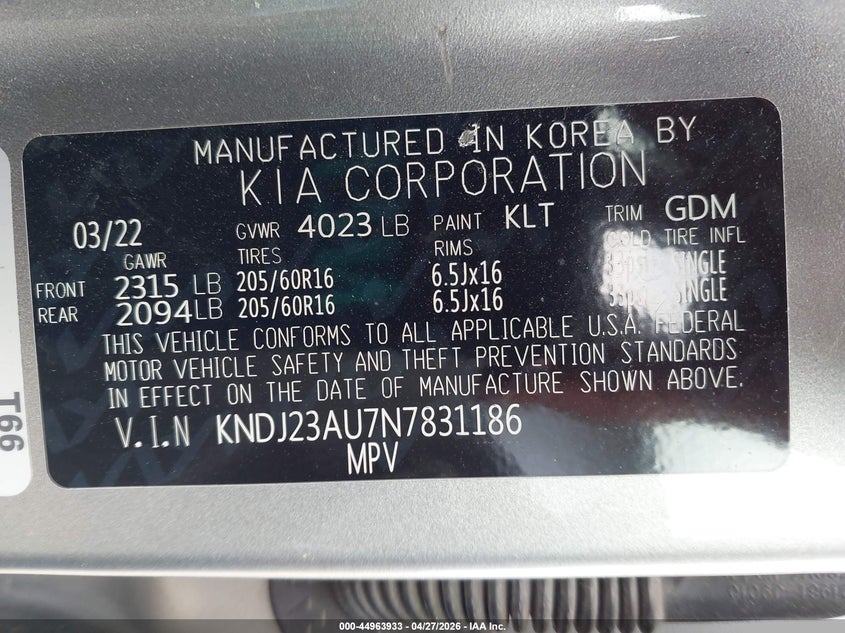 2022 Kia Soul VIN KNDJ23AU7N7831186 IAAI salvage auction — ROLLOVER, Wait Title, sold $950 on 2026-07-16 (photo 9)
