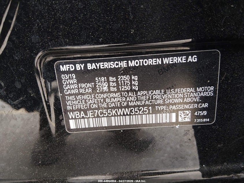 2019 BMW 5er VIN WBAJE7C55KWW35251 IAAI salvage auction — FRONT END, Salvage (Colorado), sold $5,800 on 2026-07-17 (photo 9)