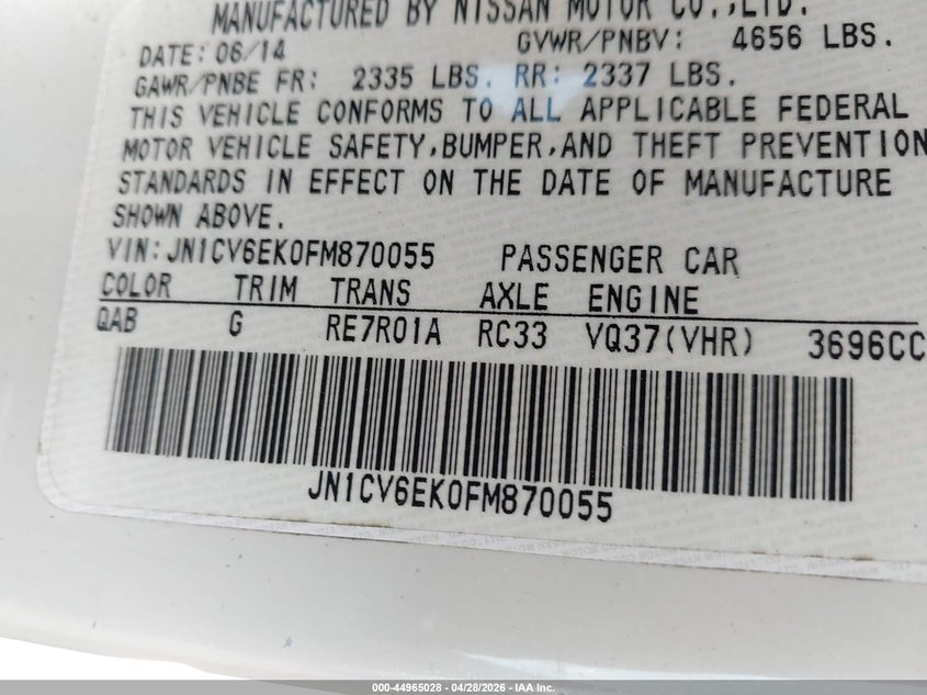 2015 Infiniti Q60 VIN JN1CV6EK0FM870055 IAAI salvage auction — REAR END, Original (Texas), sold $3,900 on 2026-07-08 (photo 9)