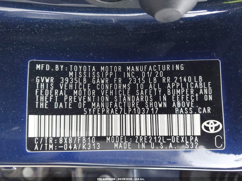 2020 Toyota Corolla VIN 5YFEPRAE7LP103717 IAAI salvage auction — FRONT END, Salvage Title, sold $4,325 on 2026-07-22 (photo 9)