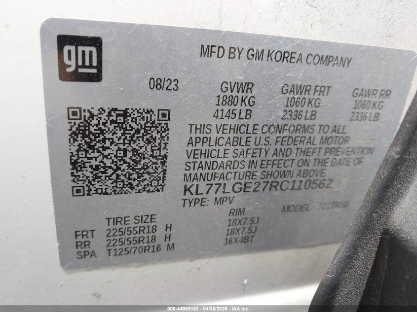 2024 Chevrolet Trax VIN KL77LGE27RC110562 IAAI salvage auction — FRONT & REAR, Salvage Title, sold $5,500 on 2026-07-21 (photo 9)