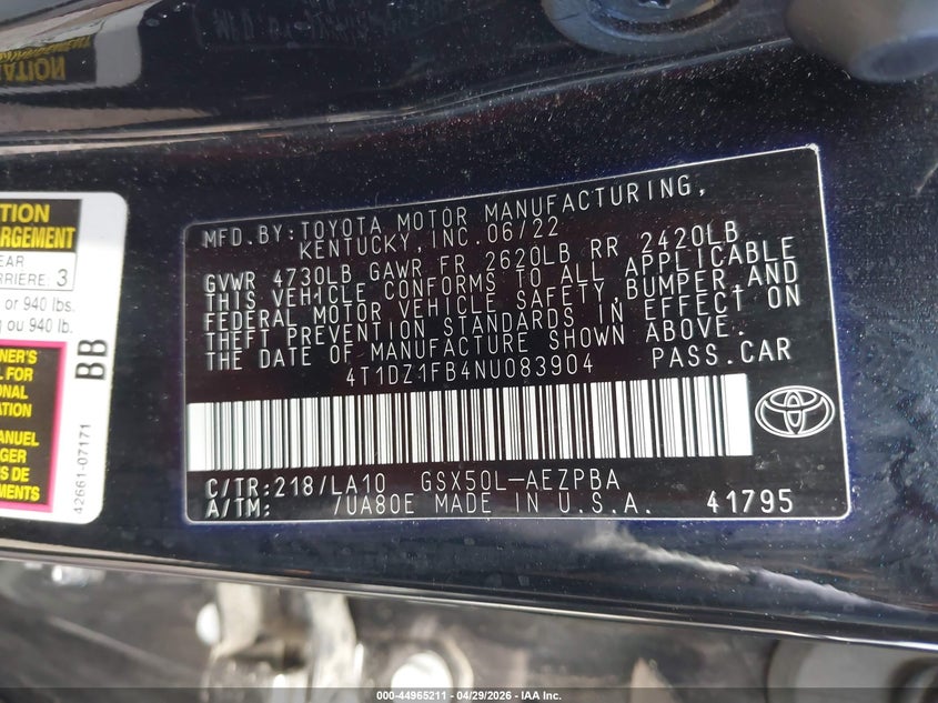 2022 Toyota Avalon VIN 4T1DZ1FB4NU083904 IAAI salvage auction — FRONT & REAR, Salvage (Iowa), sold $10,600 on 2026-07-13 (photo 9)