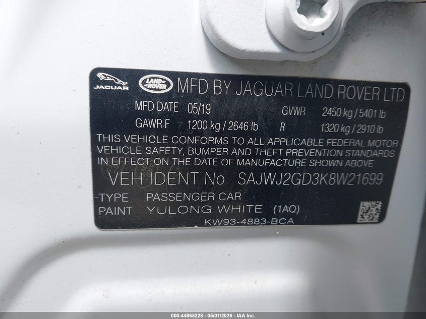 2019 Jaguar Xj VIN SAJWJ2GD3K8W21699 IAAI salvage auction — FRONT END, Wait Title, sold $600 on 2026-07-28 (photo 9)