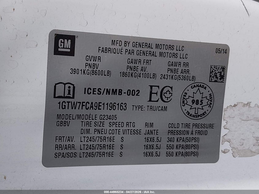 2014 Gmc Savana VIN 1GTW7FCA9E1196163 IAAI salvage auction — FRONT END, Bill Of Sale (Washington), sold $1,350 on 2026-08-01 (photo 9)