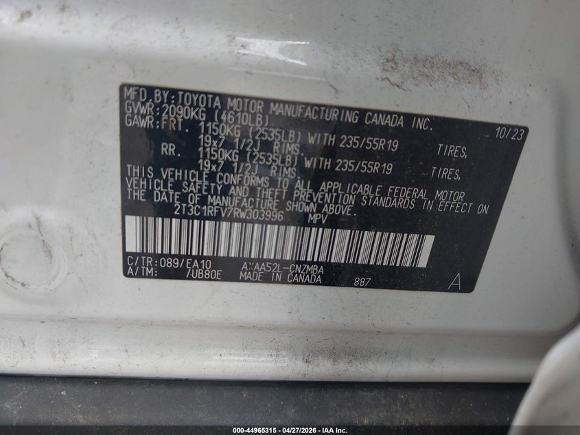 2024 Toyota Rav 4 VIN 2T3C1RFV7RW303996 IAAI salvage auction — FRONT END, Original (Texas), sold $7,400 on 2026-07-09 (photo 9)