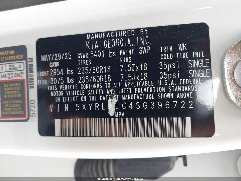 2025 Kia Sorento VIN 5XYRL4JC4SG396722 IAAI salvage auction — RIGHT SIDE, Salvage Title, sold $13,800 on 2026-07-07 (photo 9)