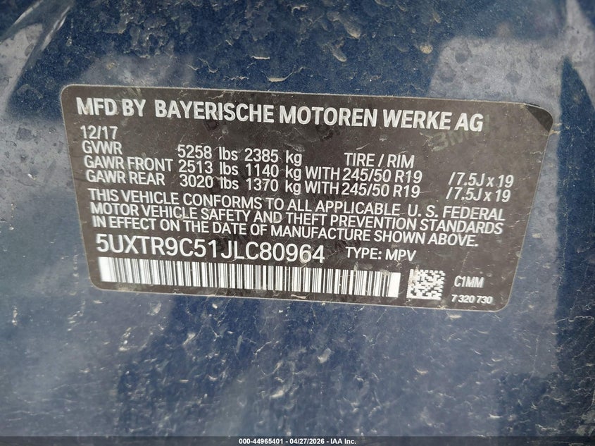 2018 BMW X3 VIN 5UXTR9C51JLC80964 IAAI salvage auction — HAIL, Salvage Title, sold $7,750 on 2026-07-14 (photo 9)