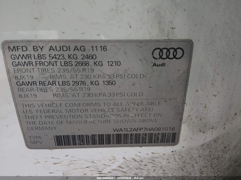 2017 Audi Q5 VIN WA1L2AFP7HA081516 IAAI salvage auction — FRONT END, Salvage (Texas), sold $825 on 2026-07-16 (photo 9)