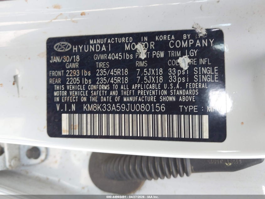 2018 Hyundai Kona VIN KM8K33A59JU080156 IAAI salvage auction — FRONT END, Salvage (North Carolina), sold $3,400 on 2026-08-01 (photo 9)