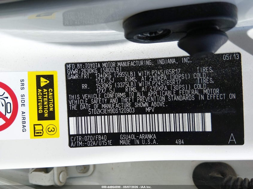2013 Toyota Highlander VIN 5TDZK3EH9DS120903 IAAI salvage auction — FRONT END, Original (Texas), sold $3,950 on 2026-07-28 (photo 9)