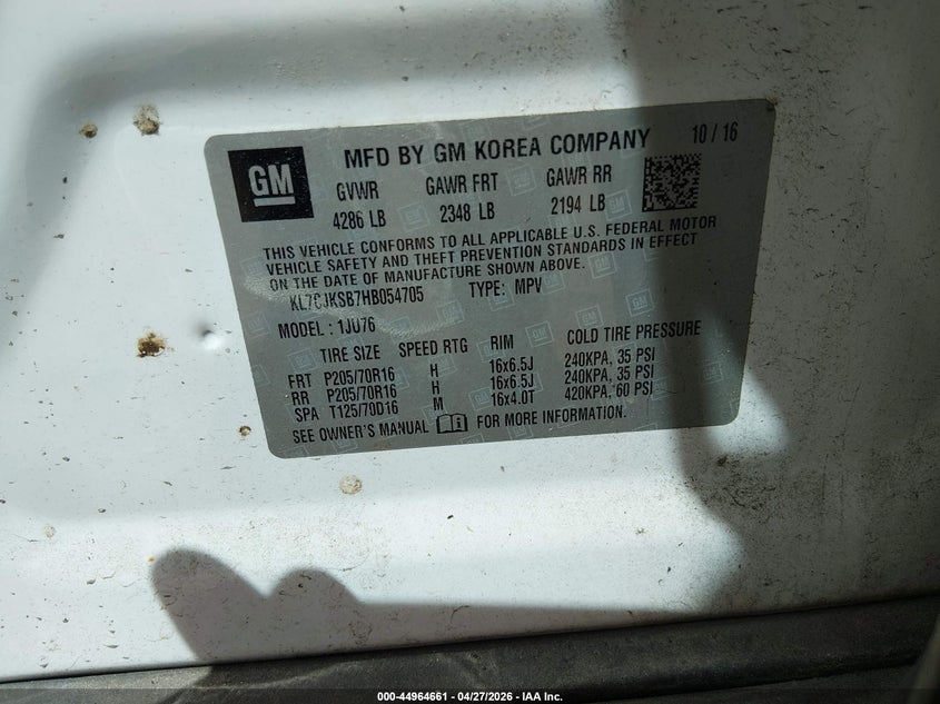 2017 Chevrolet Trax VIN KL7CJKSB7HB054705 IAAI salvage auction — FRONT END, Salvage Title, sold $1,100 on 2026-07-13 (photo 9)