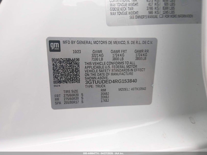 2024 Gmc SIERRA VIN 3GTUUDED4RG153840 IAAI salvage auction — FRONT END, Salvage (Georgia), sold $14,350 on 2026-07-17 (photo 9)