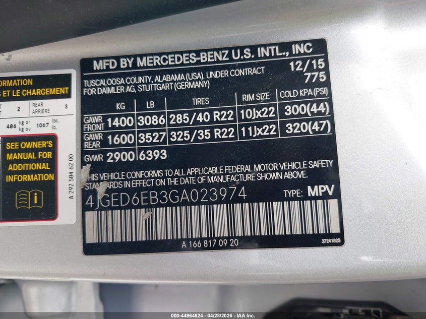 2016 Mercedes-benz Amg gle coupe VIN 4JGED6EB3GA023974 IAAI salvage auction — FRONT END, Salvage Title, sold $10,900 on 2026-07-28 (photo 9)