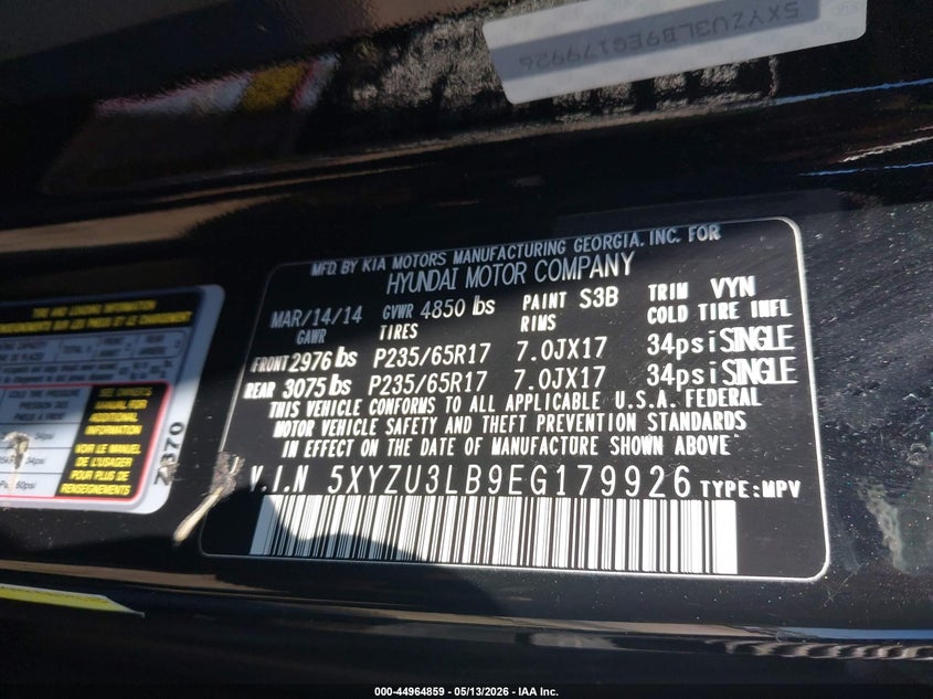 2014 Hyundai Santa fe VIN 5XYZU3LB9EG179926 IAAI salvage auction — RIGHT REAR, Salvage (Louisiana), sold $2,500 on 2026-07-06 (photo 9)
