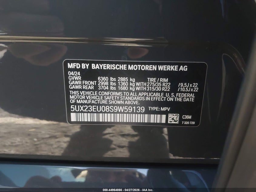 2025 BMW X5 VIN 5UX23EU08S9W59139 IAAI salvage auction — THEFT, Salvage Title, sold $38,250 on 2026-07-30 (photo 9)
