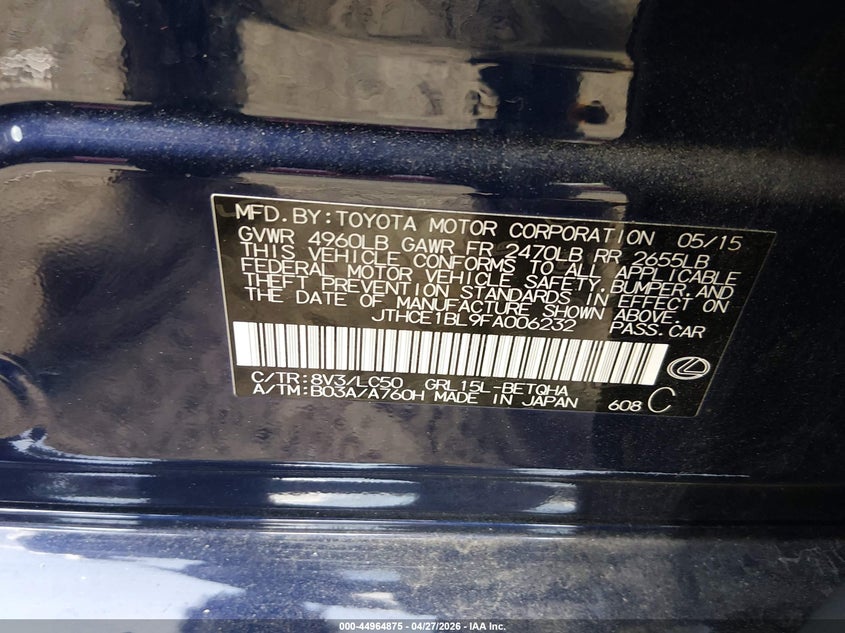 2015 Lexus Gs 350 VIN JTHCE1BL9FA006232 IAAI salvage auction — REAR END, Salvage - Greater Than 75% (Maryland), sold $3,500 on 2026-07-29 (photo 9)